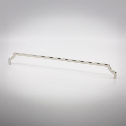 A long, slender cabinet pull handle with decorative scrolled ends, finished in a polished nickel, shown on a clean light gray background.