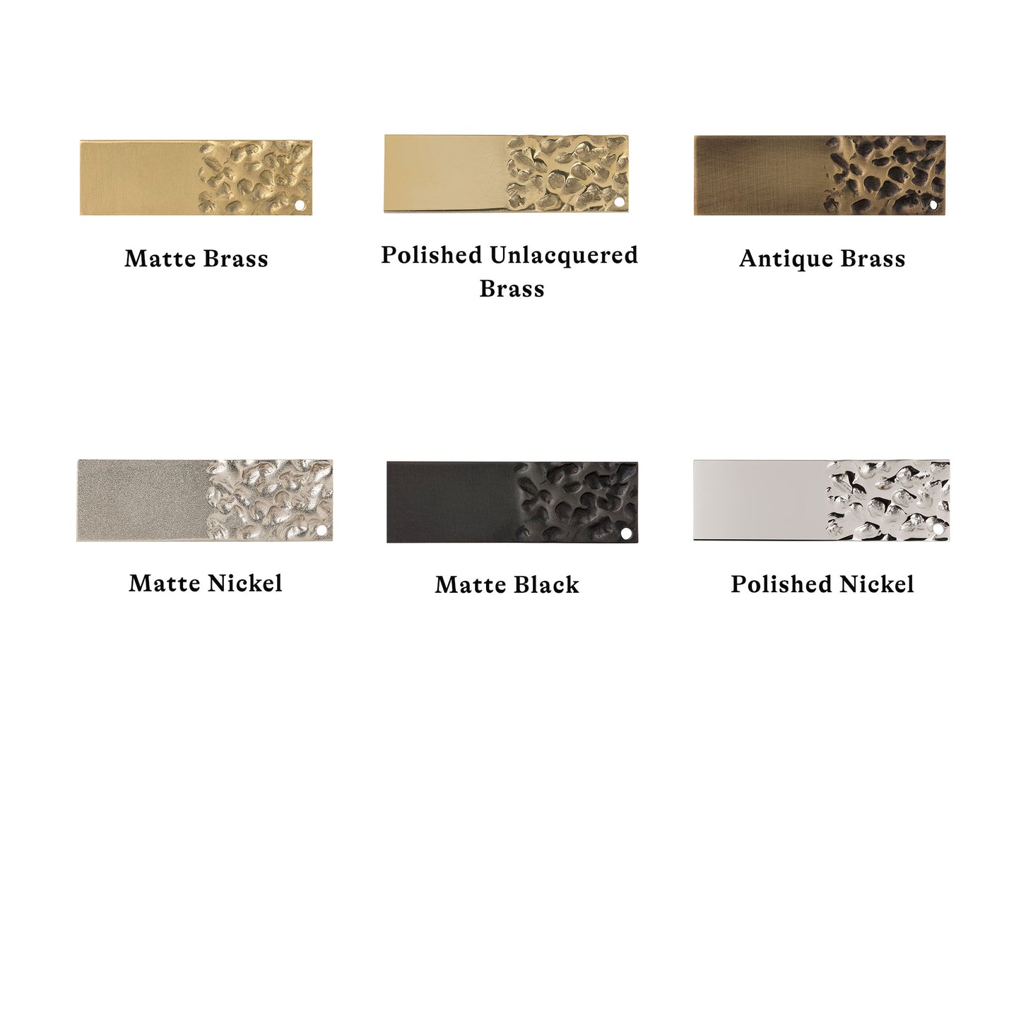 Comparison of different metal finishes including Matte Brass, Polished Unlacquered Brass, Antique Brass, Matte Nickel, Polished Nickel, and Matte Black.