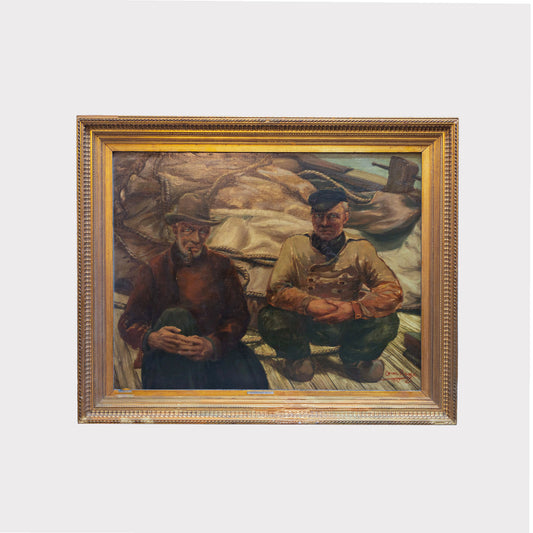 Antique Belgian Fishermen Oil Painting 