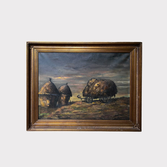 Antique Belgian Country Hay Cart Oil Painting