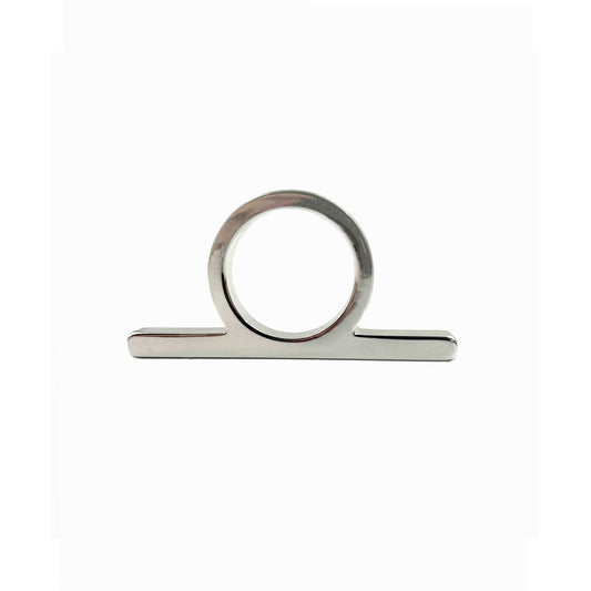 A polished silver metal ring pull with a circular loop and flat rectangular base, shown on a plain white background.