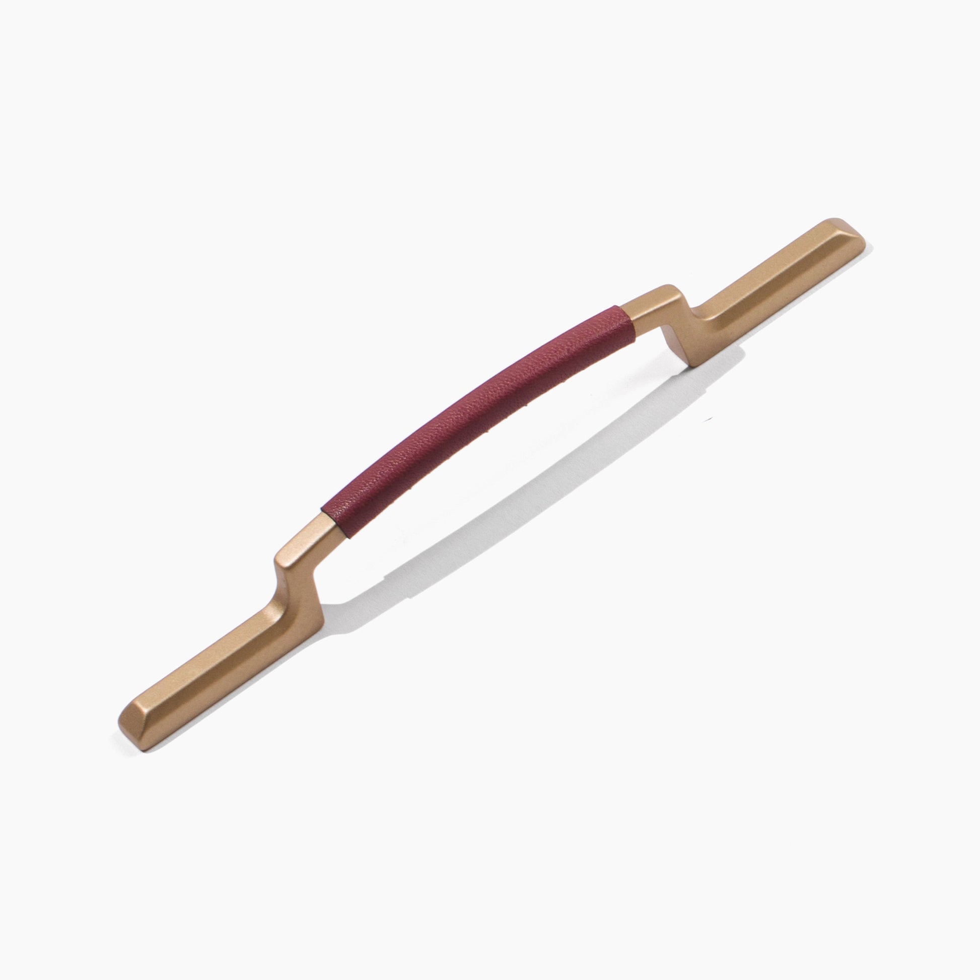 Handcrafted red leather pull on satin brass metal pull