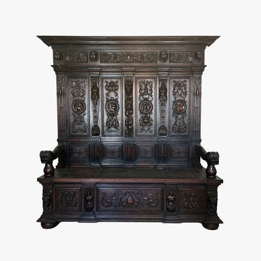 Carved Neogothic Oak High Back Storage Bench