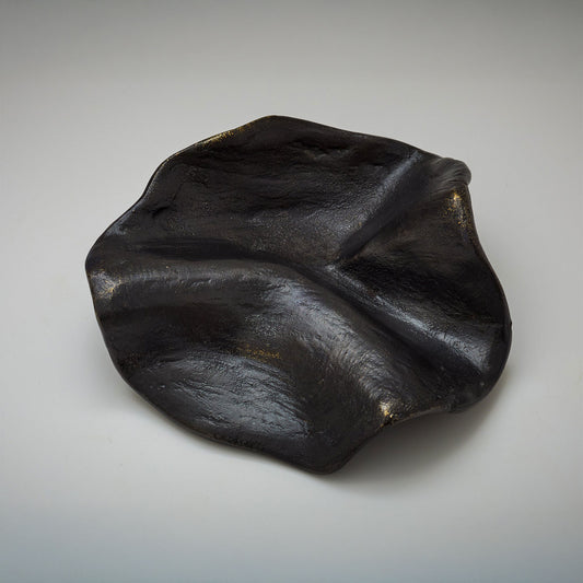 An organic-shaped metallic cabinet pull with a highly reflective, textured surface, photographed on a neutral light gray background.