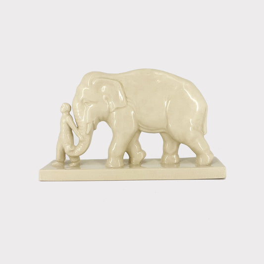 Ivory Ceramic Elephant with Keeper Large Figurine