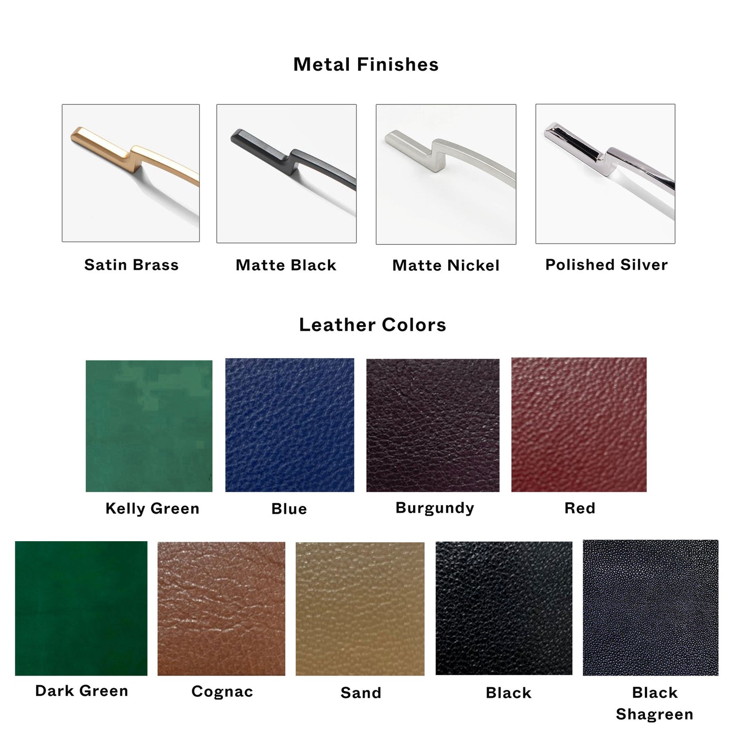 metal cabinet pulls with color and leather finish chart on white background
