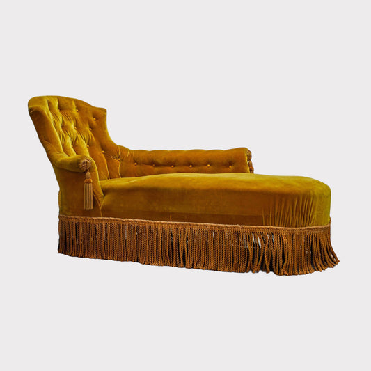 Vintage French Chaise Lounge in Mustard Velvet