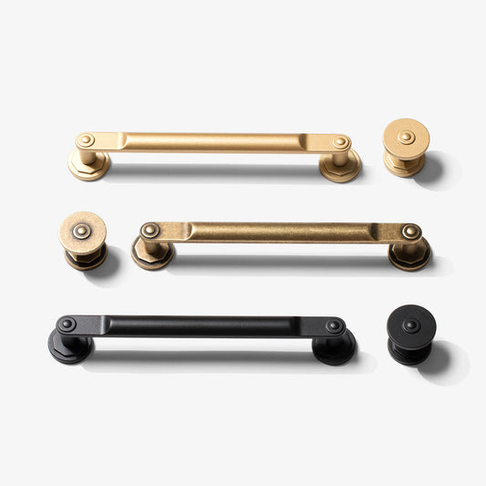 A collection of finishes in both our Modern Industrial pull and knob.