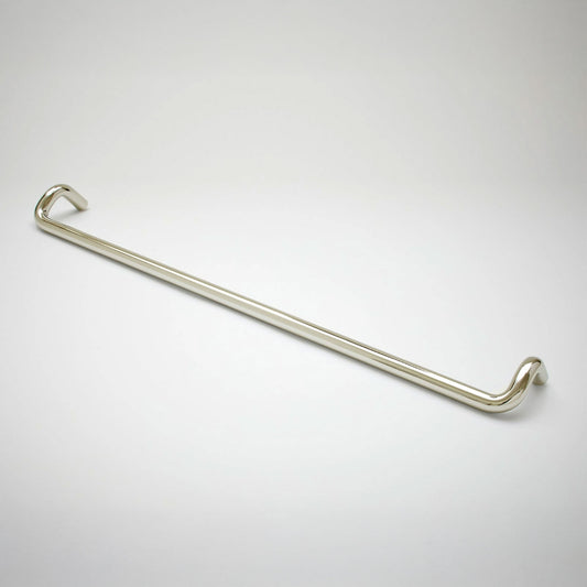 A polished cabinet pull with a sleek, curved design, shown diagonally on a light gray gradient background.