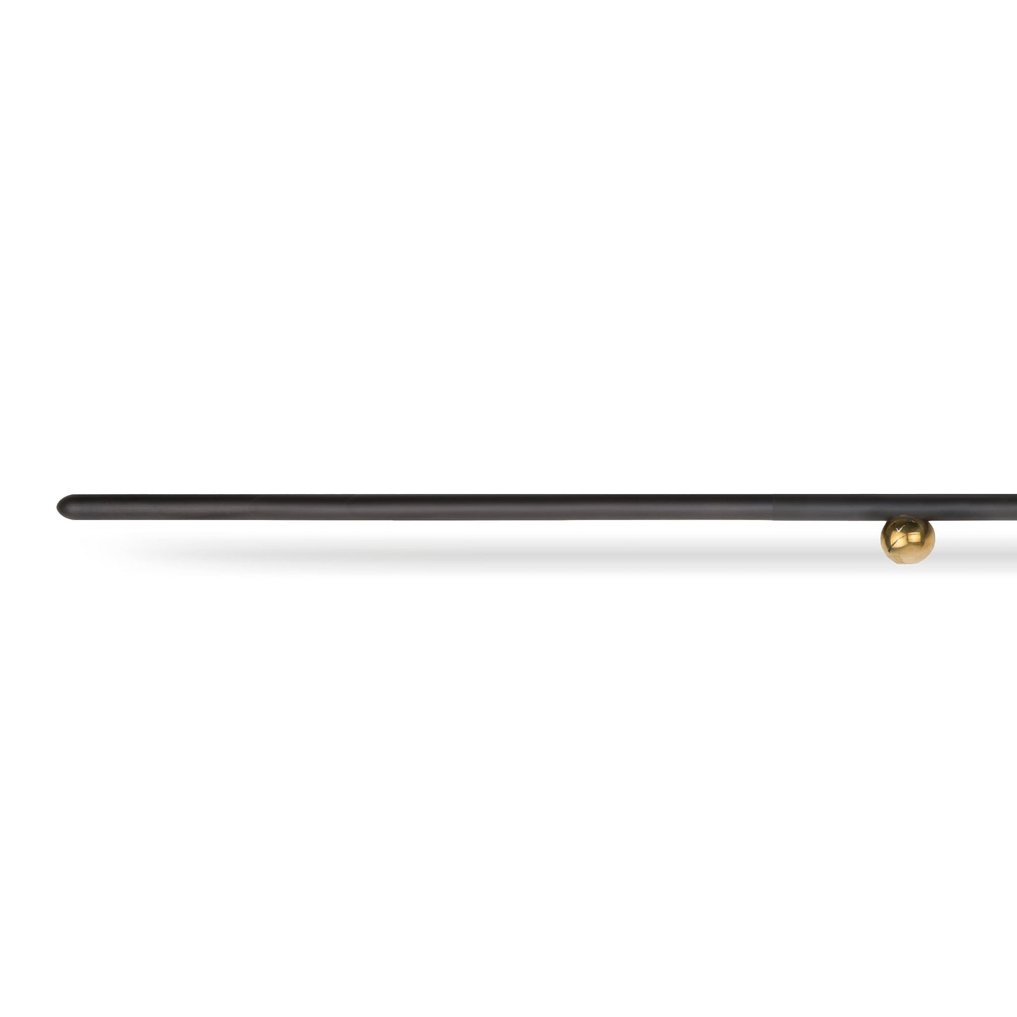 close up image of a black and brass cabinet pull with a ball shaped standoff on a white background