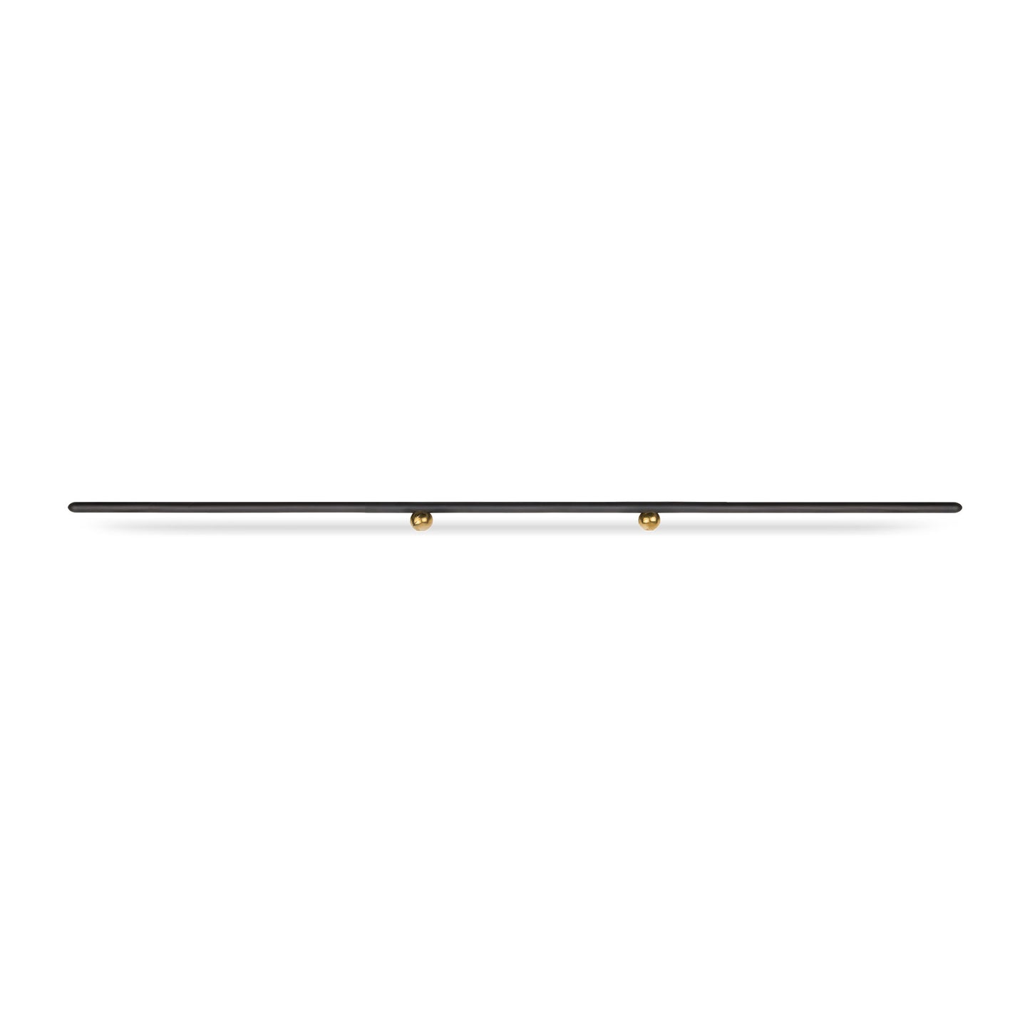 a black and brass cabinet pull with a ball shaped brass standoff on a white background