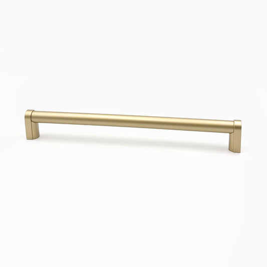 A appliance pull with arch shaped standoffs and long grip bar in a satin brass finish on a white background
