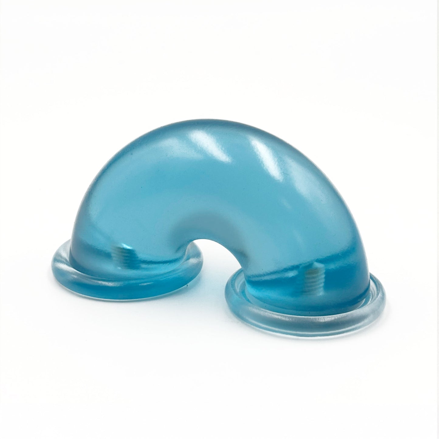 Translucent blue colored macaroni-shaped handles on a white background