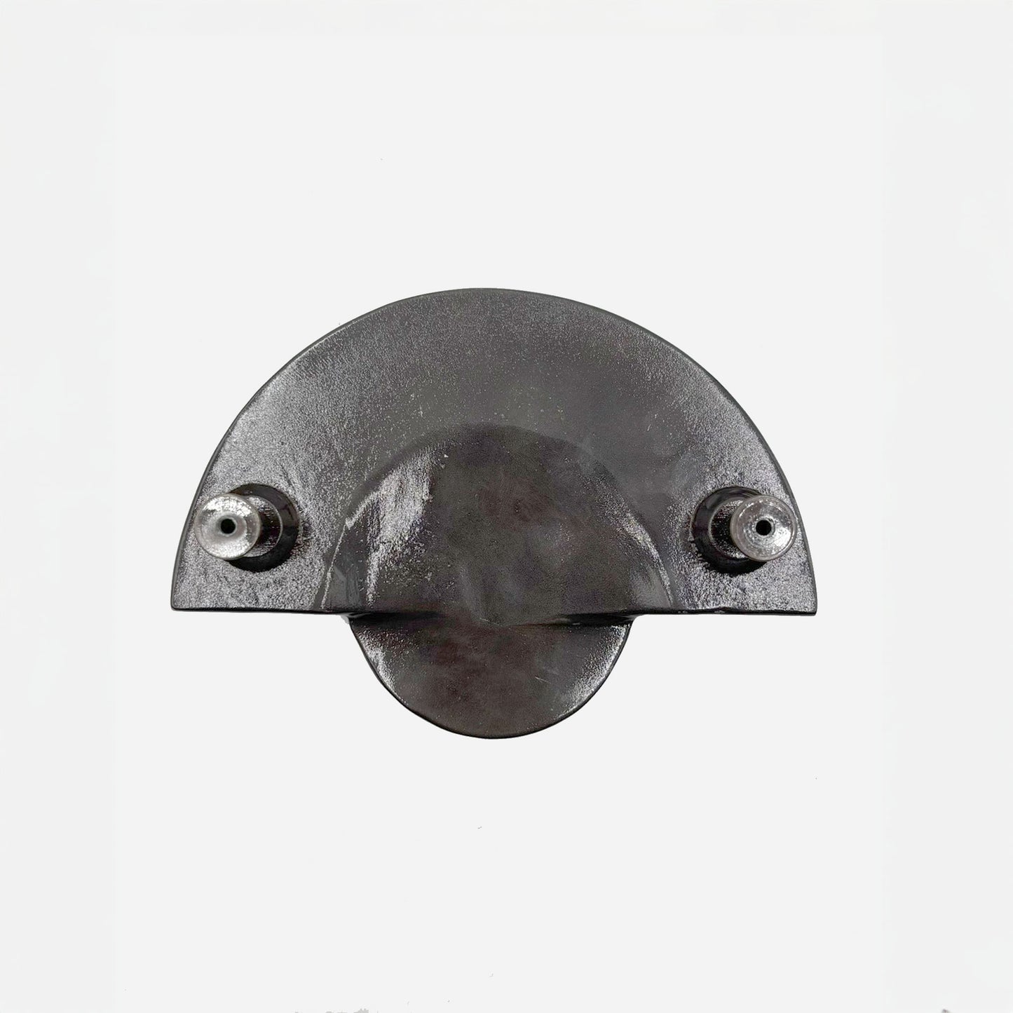 The beck mounting side of a brass cabinet pull handles designed with a sun motif, featuring a circular design with rayed edges-on a white background.