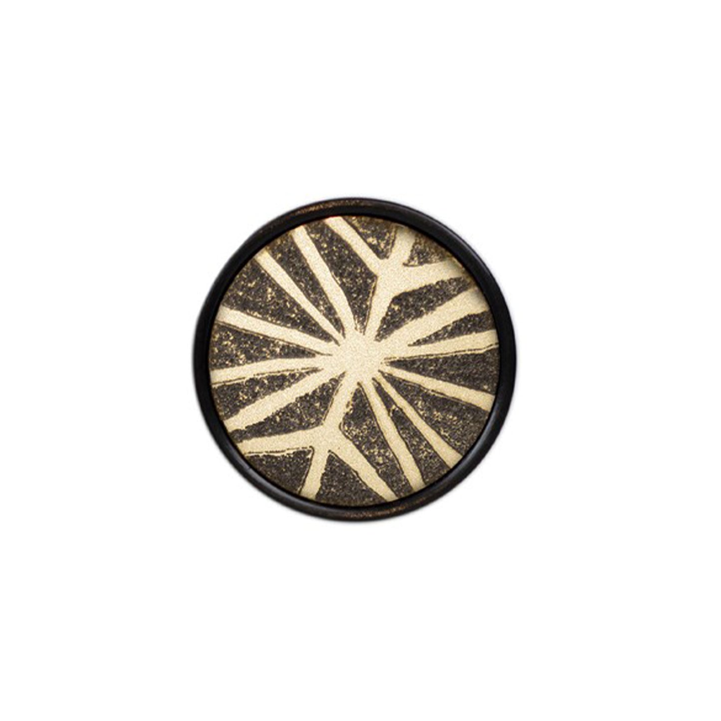 Patterned Aurora round cabinet pull in Black Lacquer finish on it side on a white background