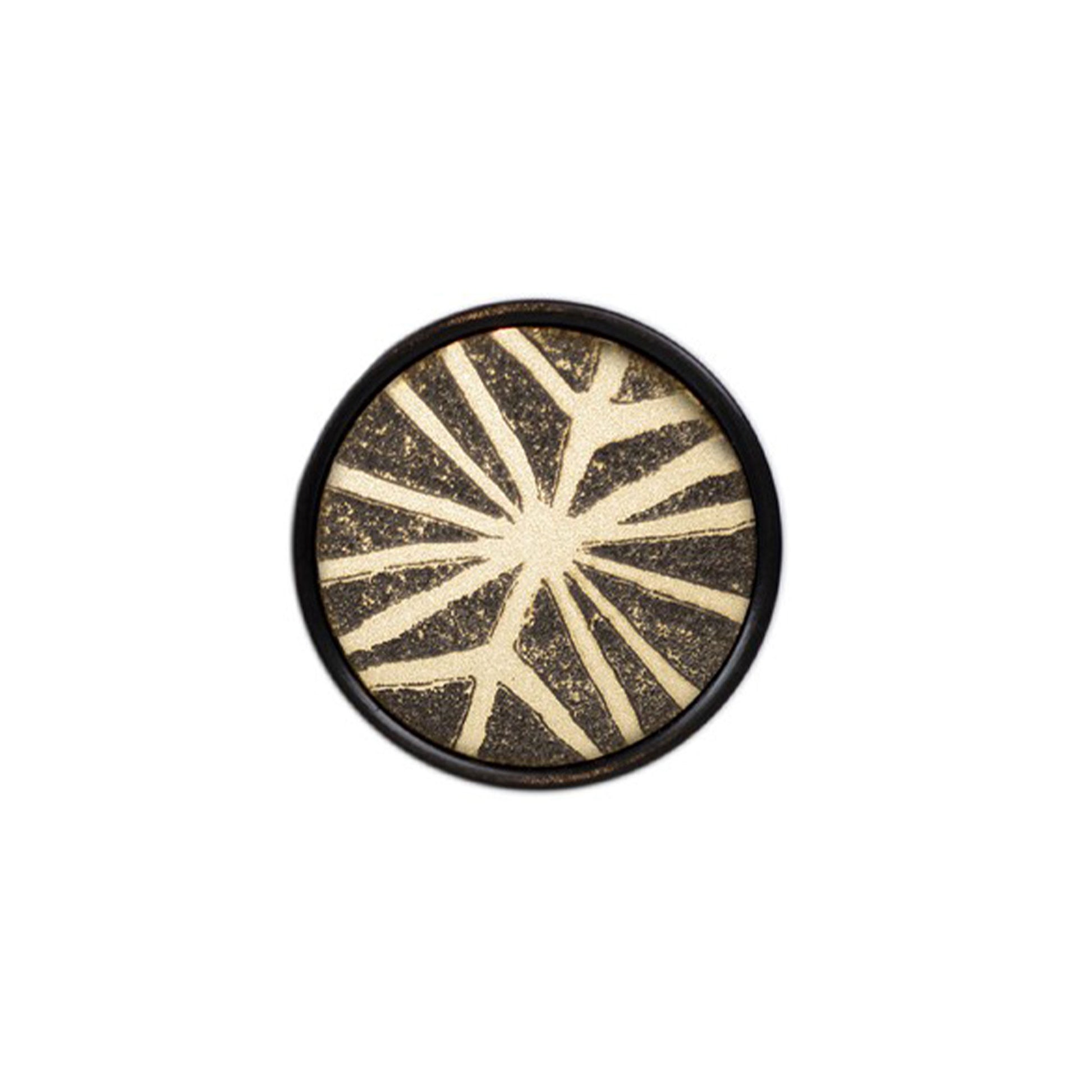 Patterned Aurora round cabinet pull in Black Lacquer finish on it side on a white background