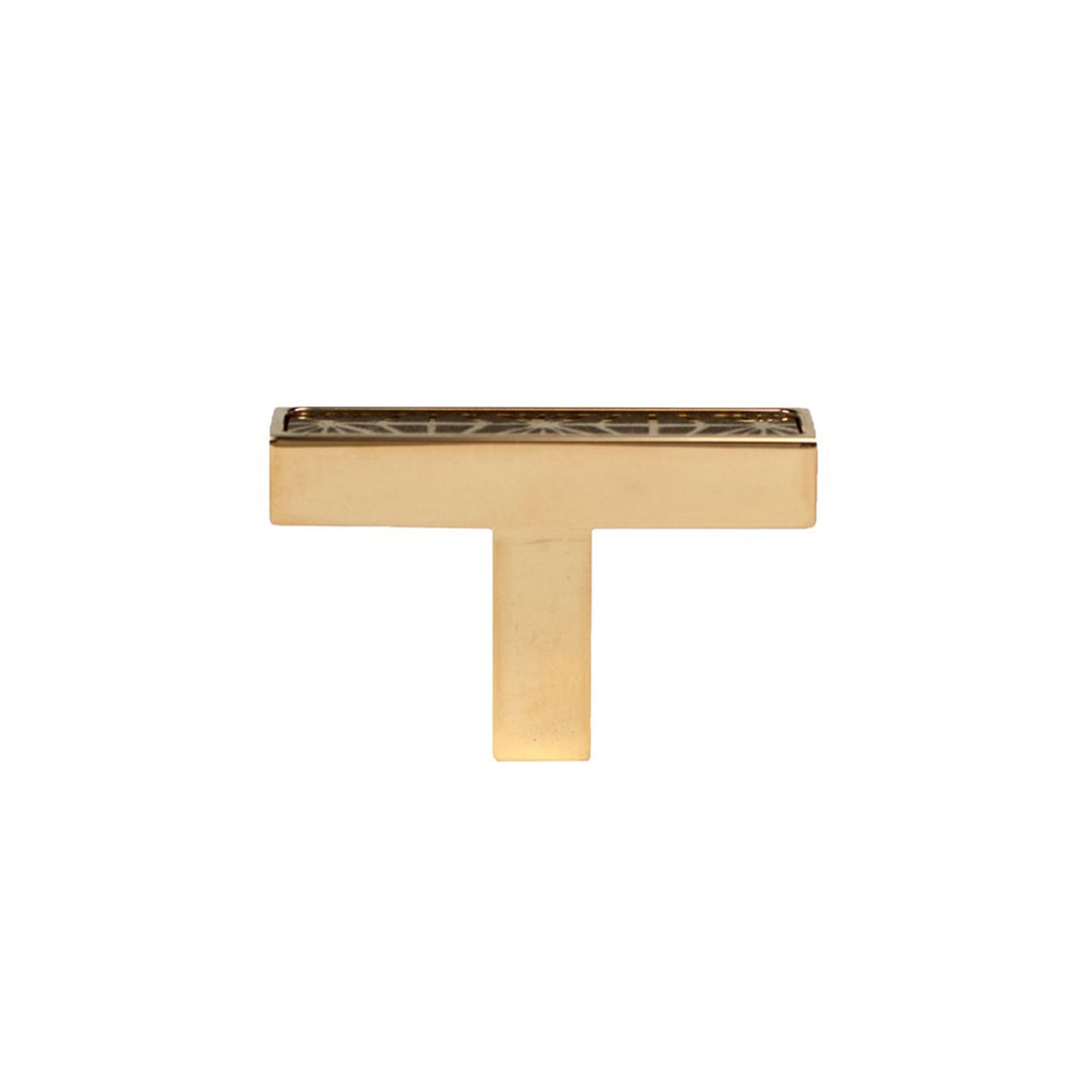 Unlacquered Brass cabinet T-[ull handle with geometric design on a white background