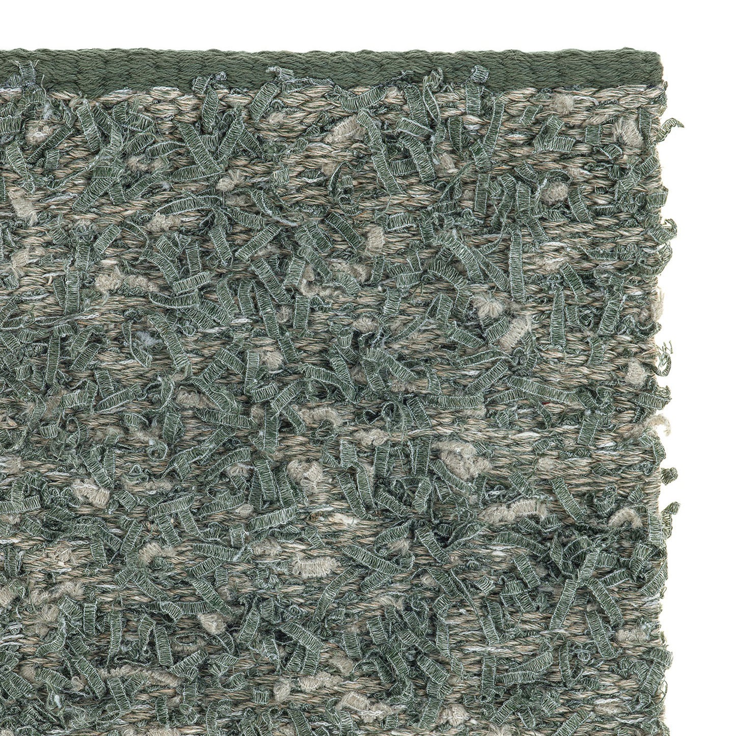 Bentu rug style in mixed greys and army green colored eyelash textured flat weave