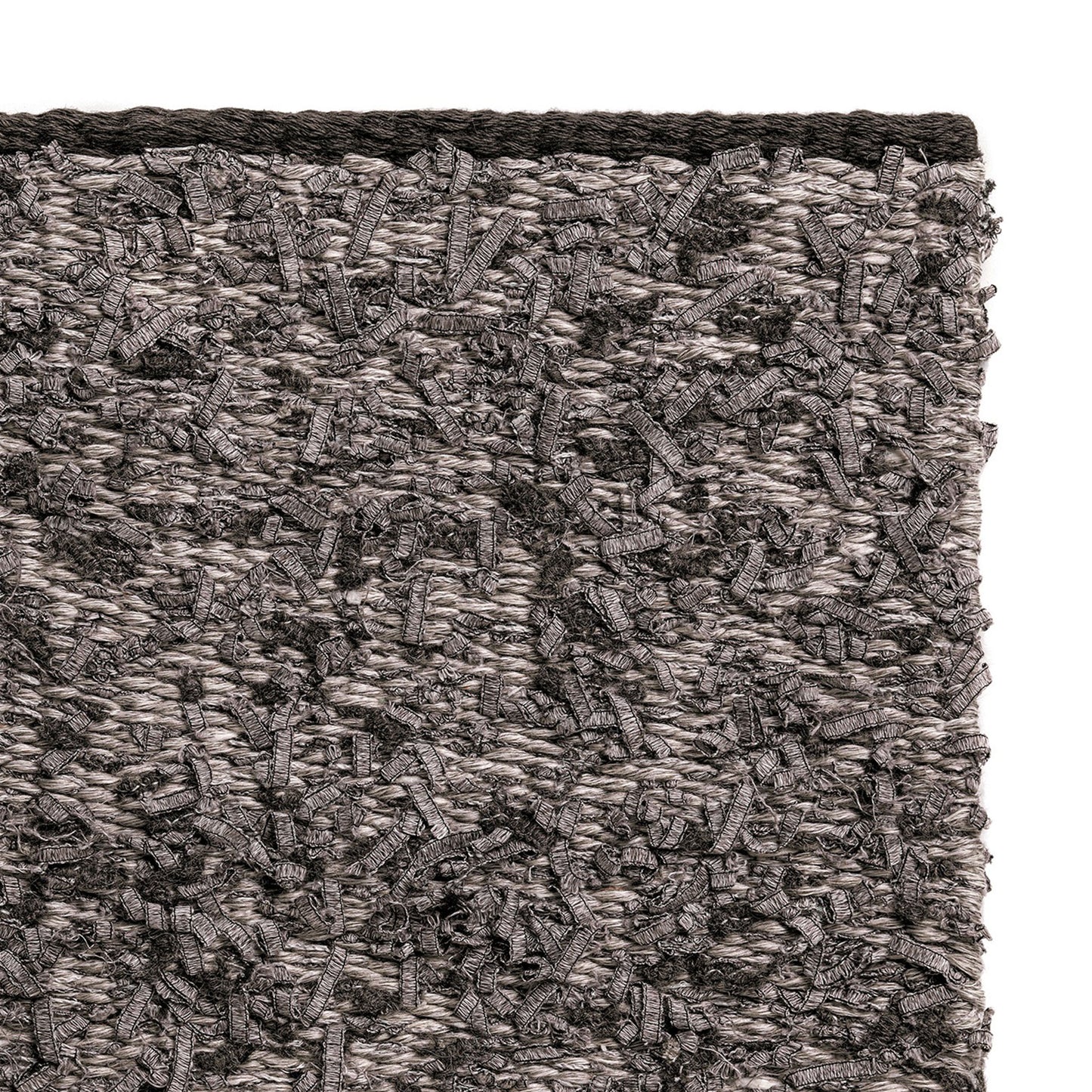 Bentu rug style in mixed greys and taupe colored eyelash textured flat weave