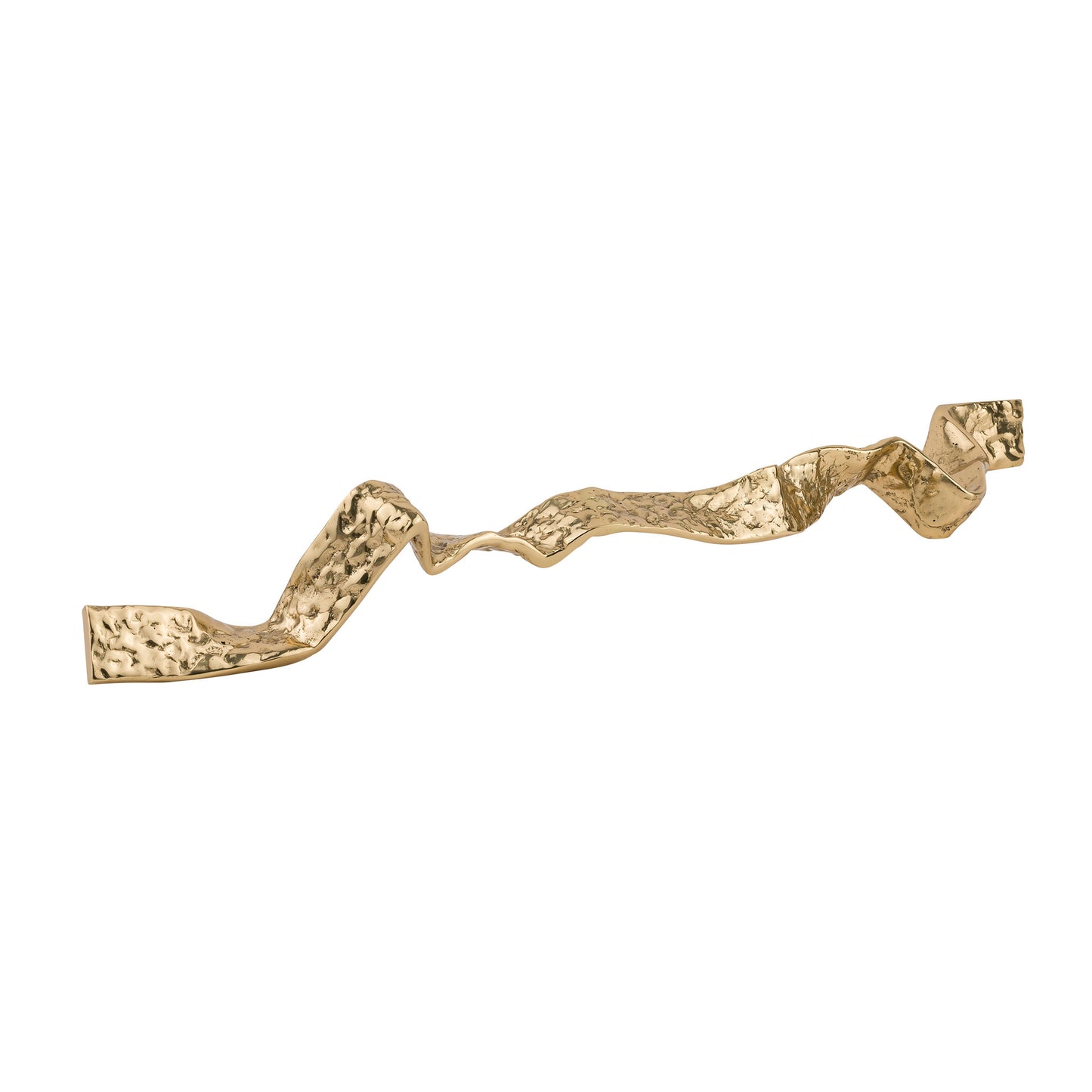 Brass cabinet hardware piece with wavy design on a white background