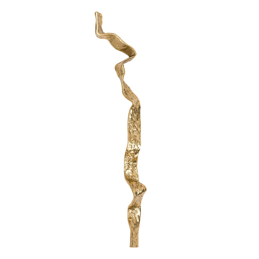 Brass cabinet hardware piece with wavy design on a white background