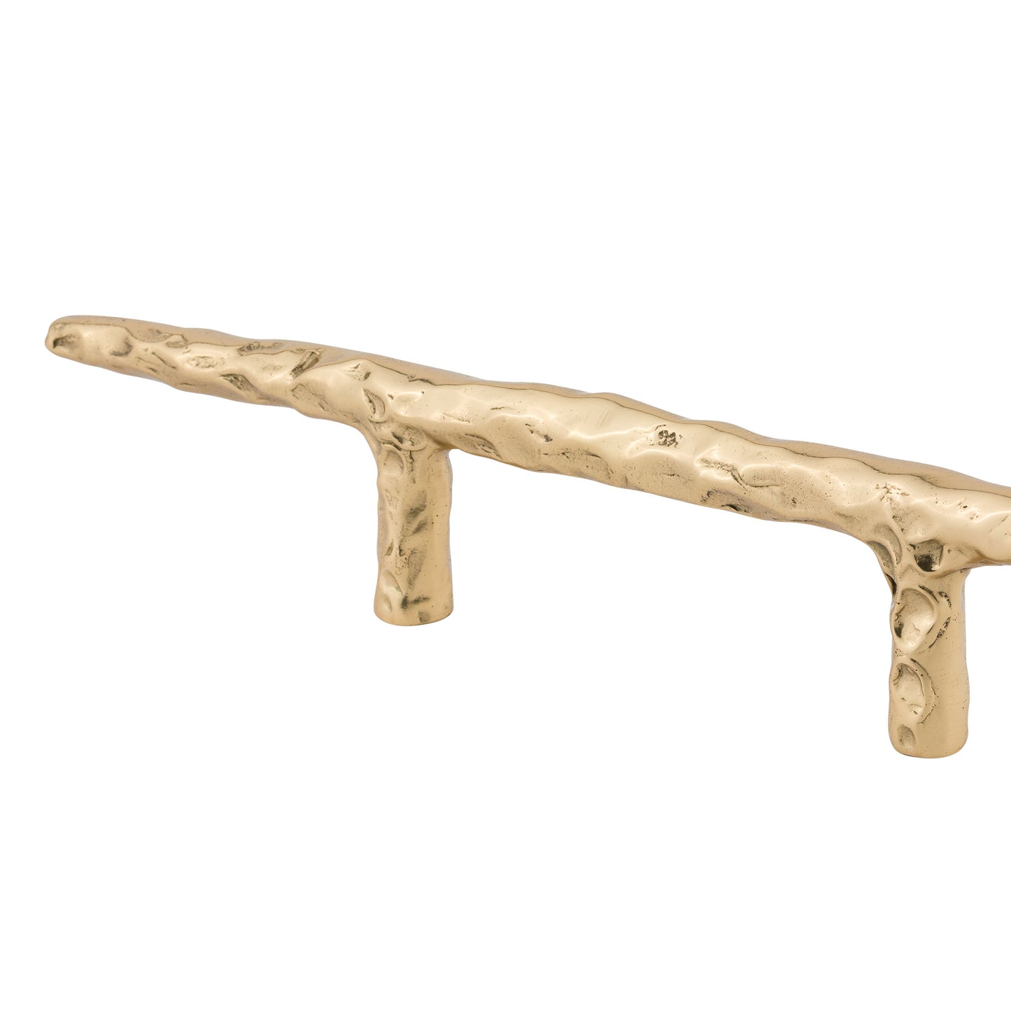 close up view of a Brass branch-lshaped cabinet pull on a white background