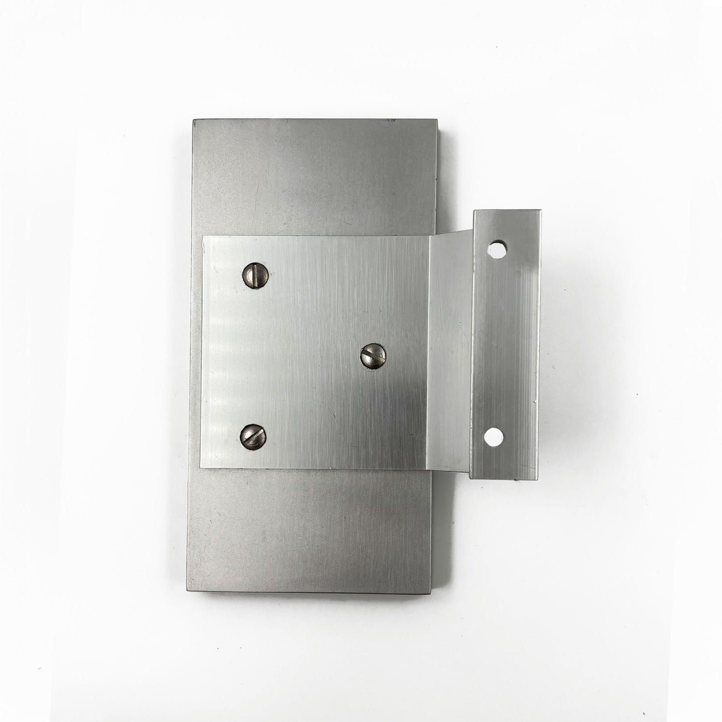 A brushed metal mounting bracket with a rectangular plate and a vertical flange, shown on a plain white background.