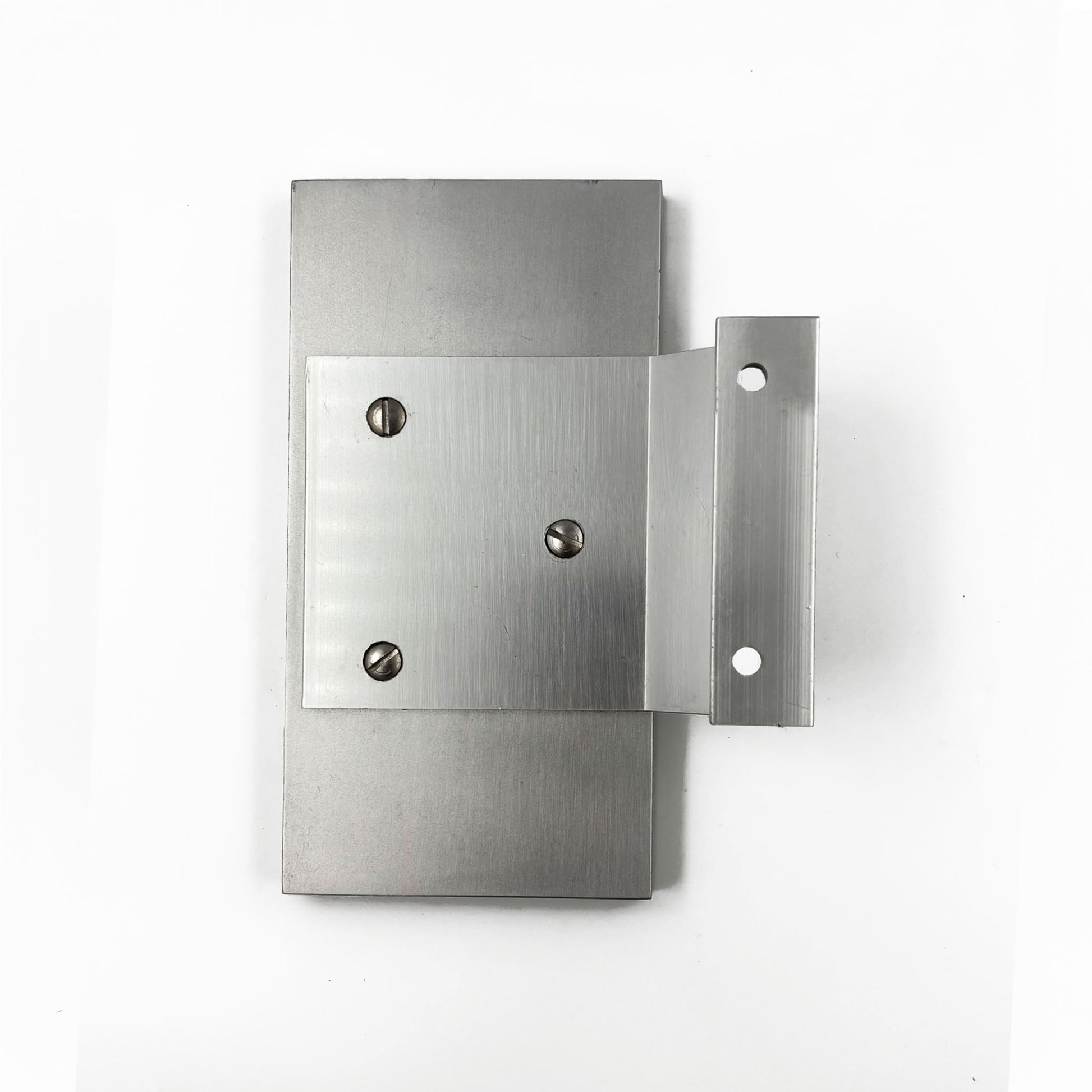 A brushed metal mounting bracket with a rectangular plate and a vertical flange, shown on a plain white background.