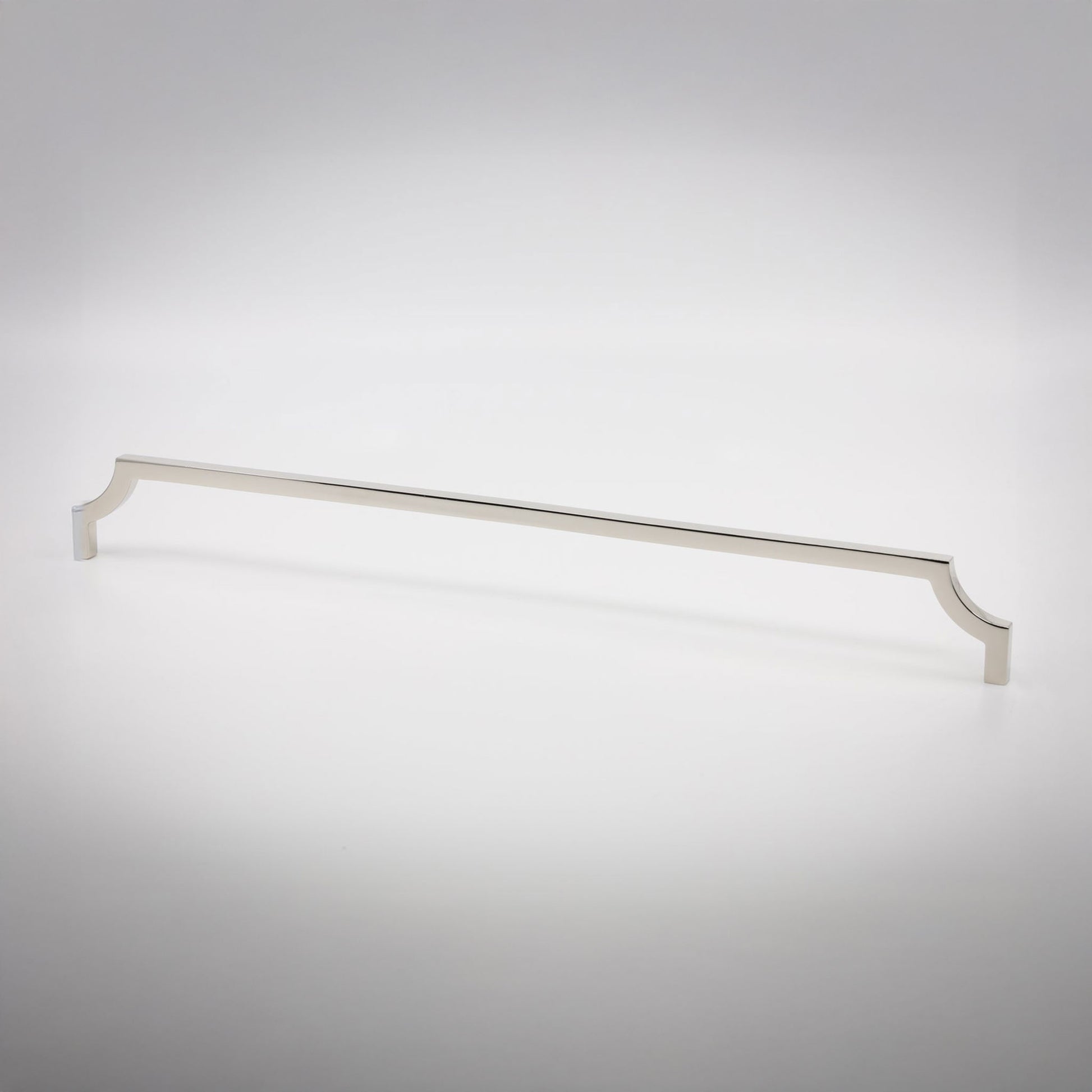 A long, slender cabinet pull handle with decorative scrolled ends, finished in a polished nickel, shown on a clean light gray background.