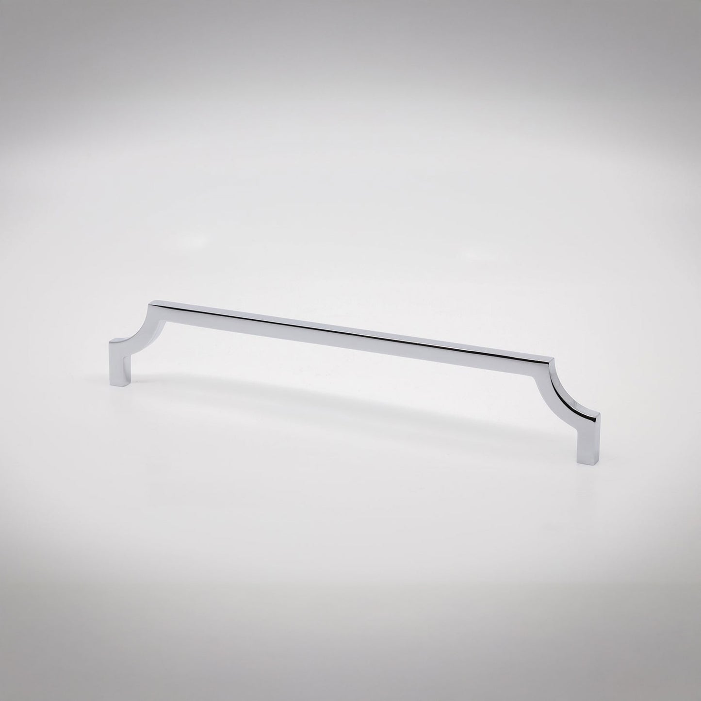 A polished chrome cabinet pull handle with a straight bar design and decorative curved ends, shown on a light gray background.