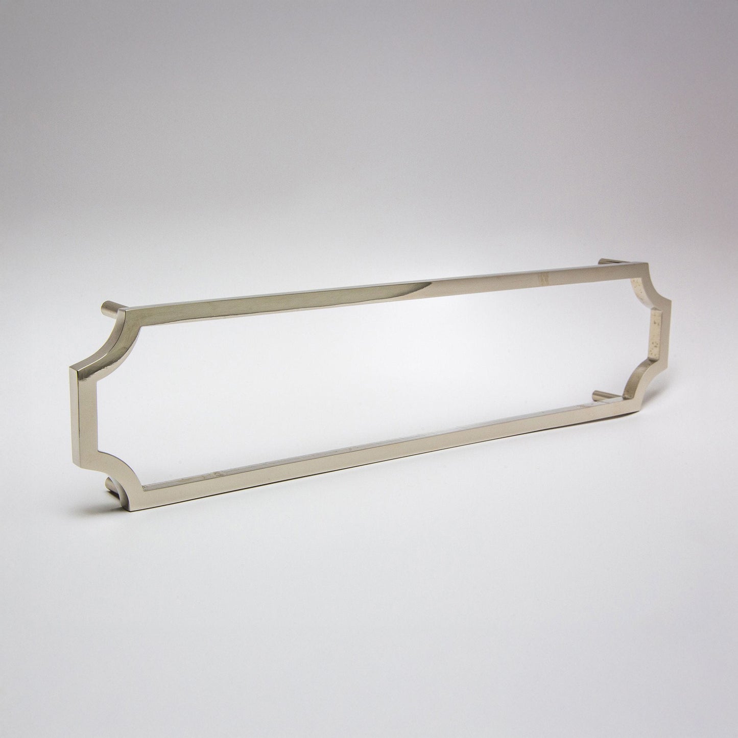 A long polished nickel cabinet pull with curved ends, shown on a light gray gradient background.