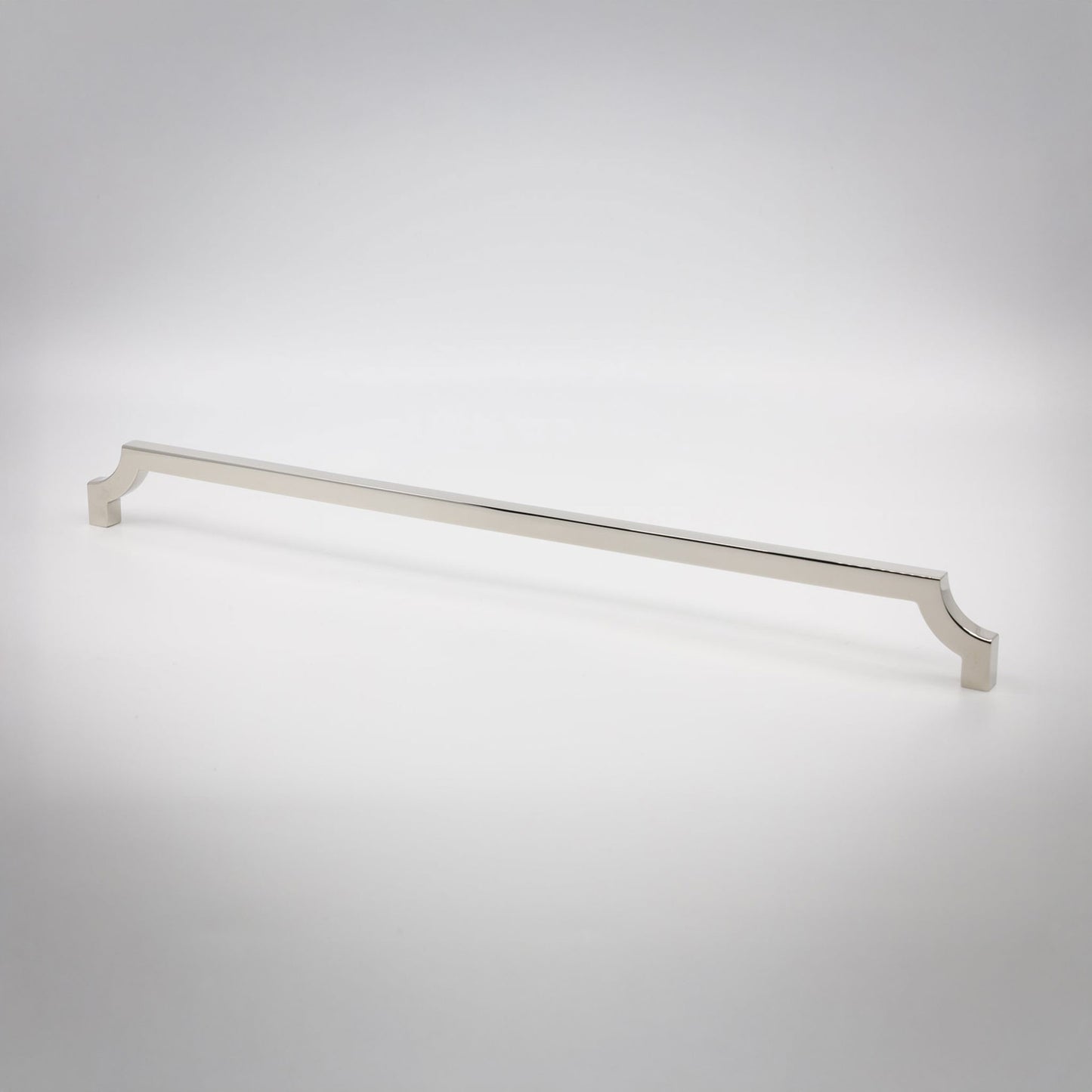 A long, slender cabinet pull in a polished nickel finish shown against a neutral background.