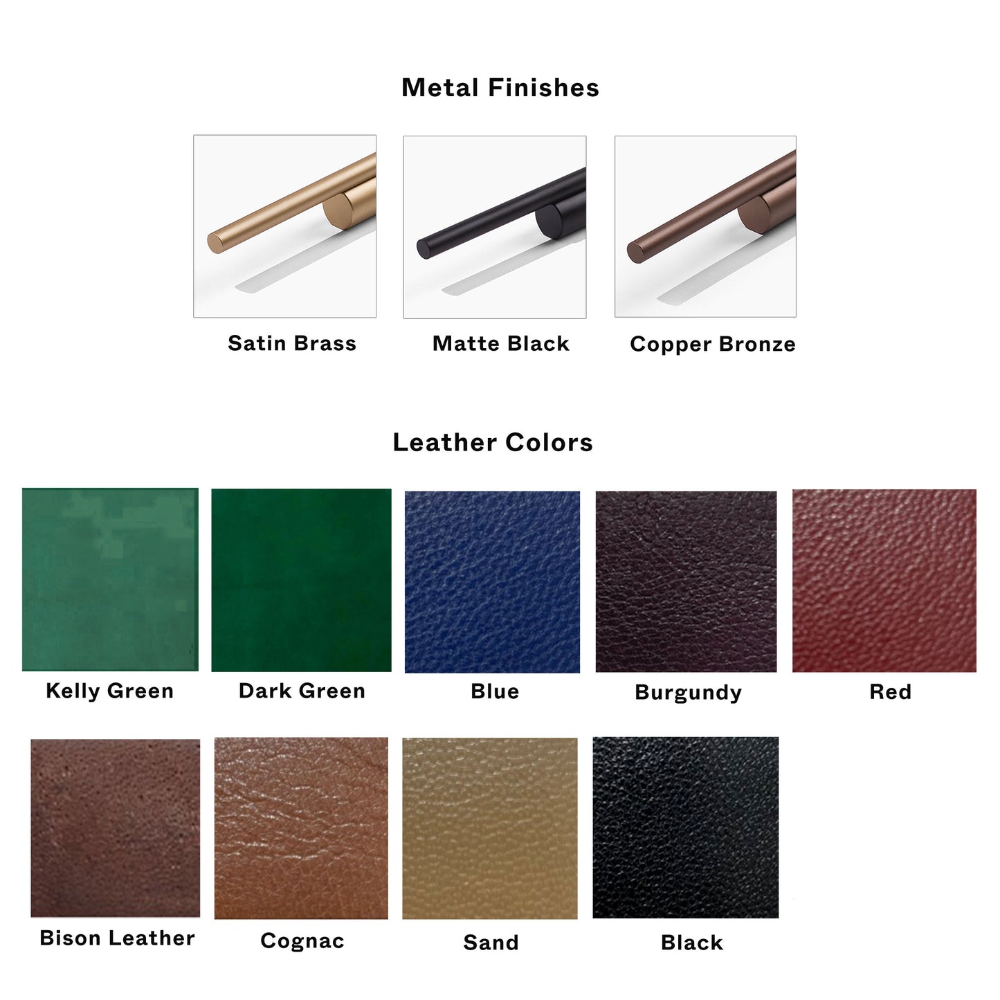 Leather sample images showing pull and leather finishes available for Counterbalaance pulls