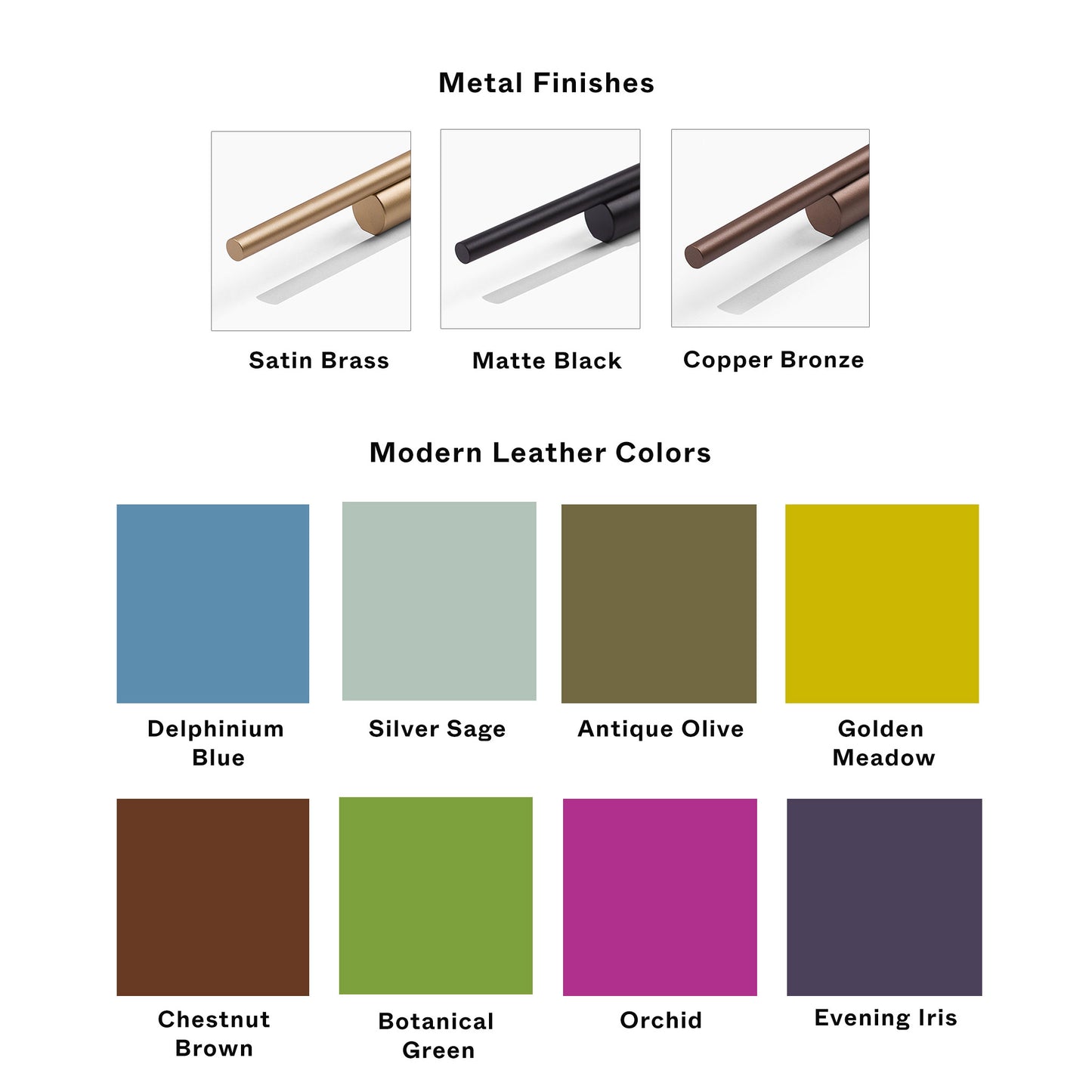Color chart for metal finishes and modern leather colors on a white background