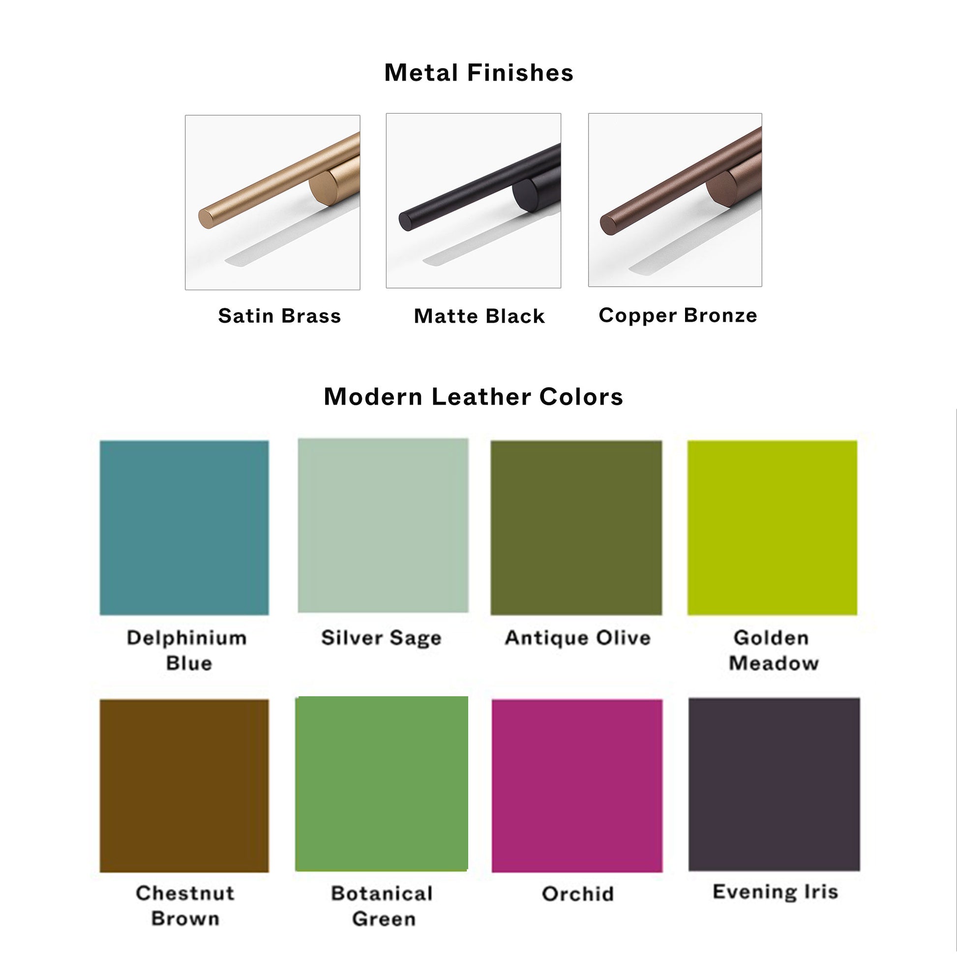 Color chart for metal finishes and modern leather colors on a white 