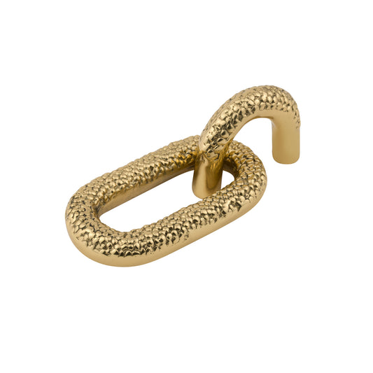 Brass textured drop ring cabinet pull with a chain link shape on a white background