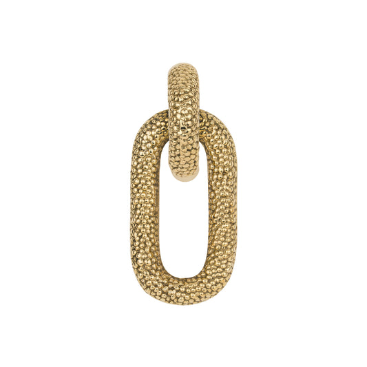 Brass textured drop ring cabinet pull with a chain link shape on a white 