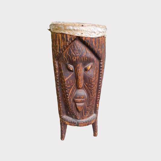 West African Ceremonial Goat Skin Carved Drum