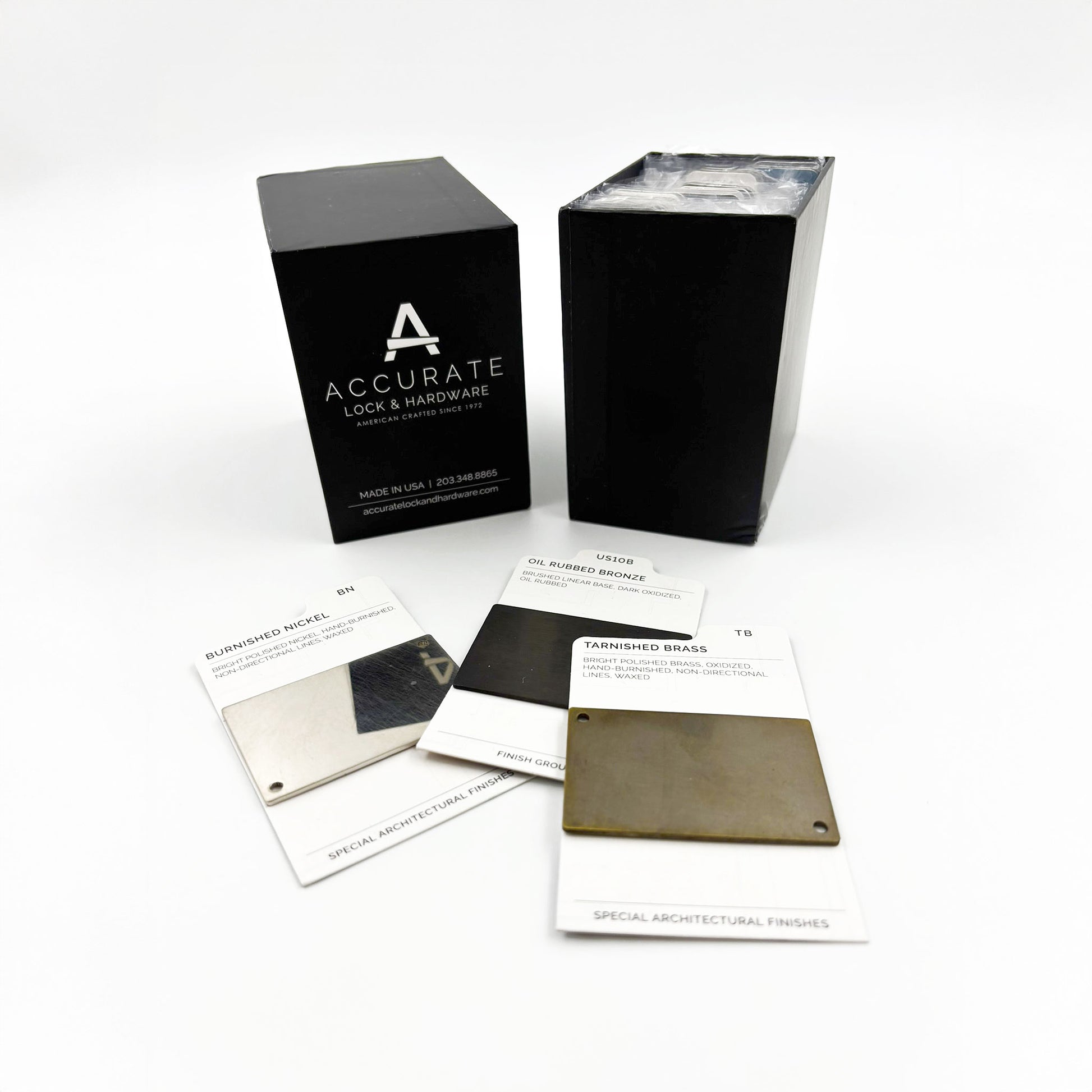 Accurate Lock & Hardware boxed finish set with color swatches on a white background