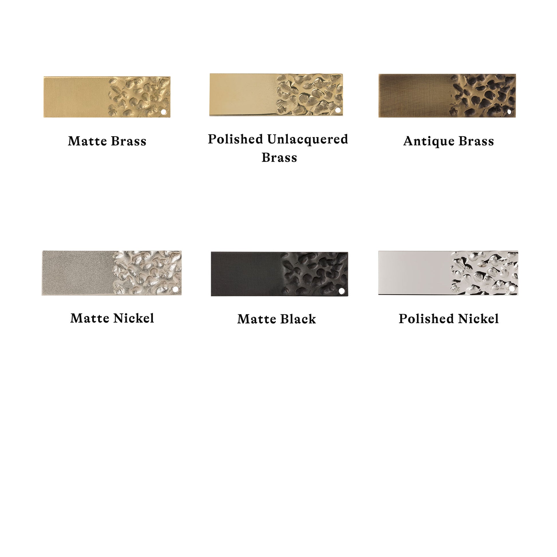 Comparison of different metal finishes including Matte Brass, Polished Unlacquered Brass, Antique Brass, Matte Nickel, Polished Nickel, and Matte Black.