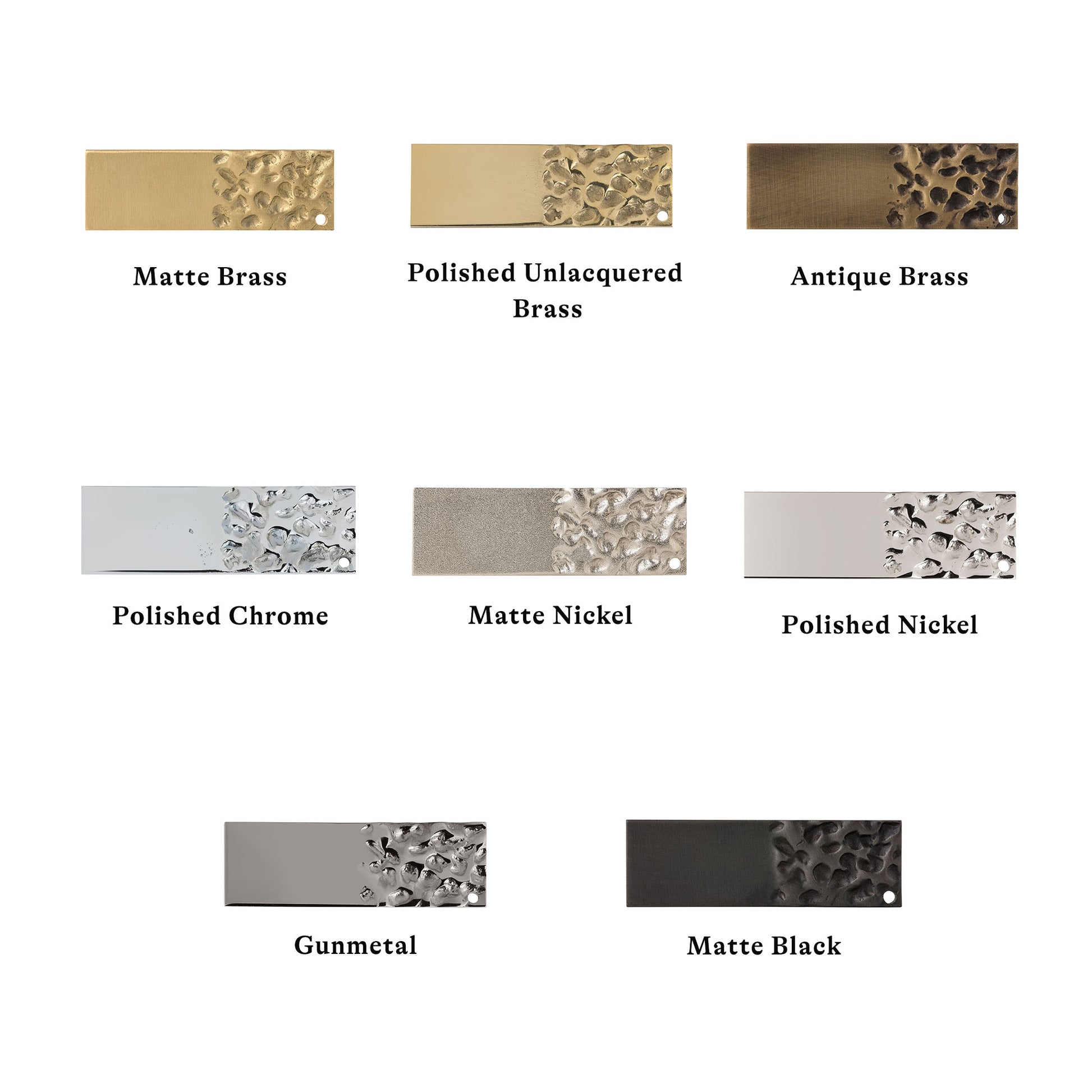 Various metal finishes including Matte Brass, Polished Unlacquered Brass, Antique Brass, Polished Chrome, Matte Nickel, Polished Nickel, Gunmetal, and Matte Black displayed on a white background.
