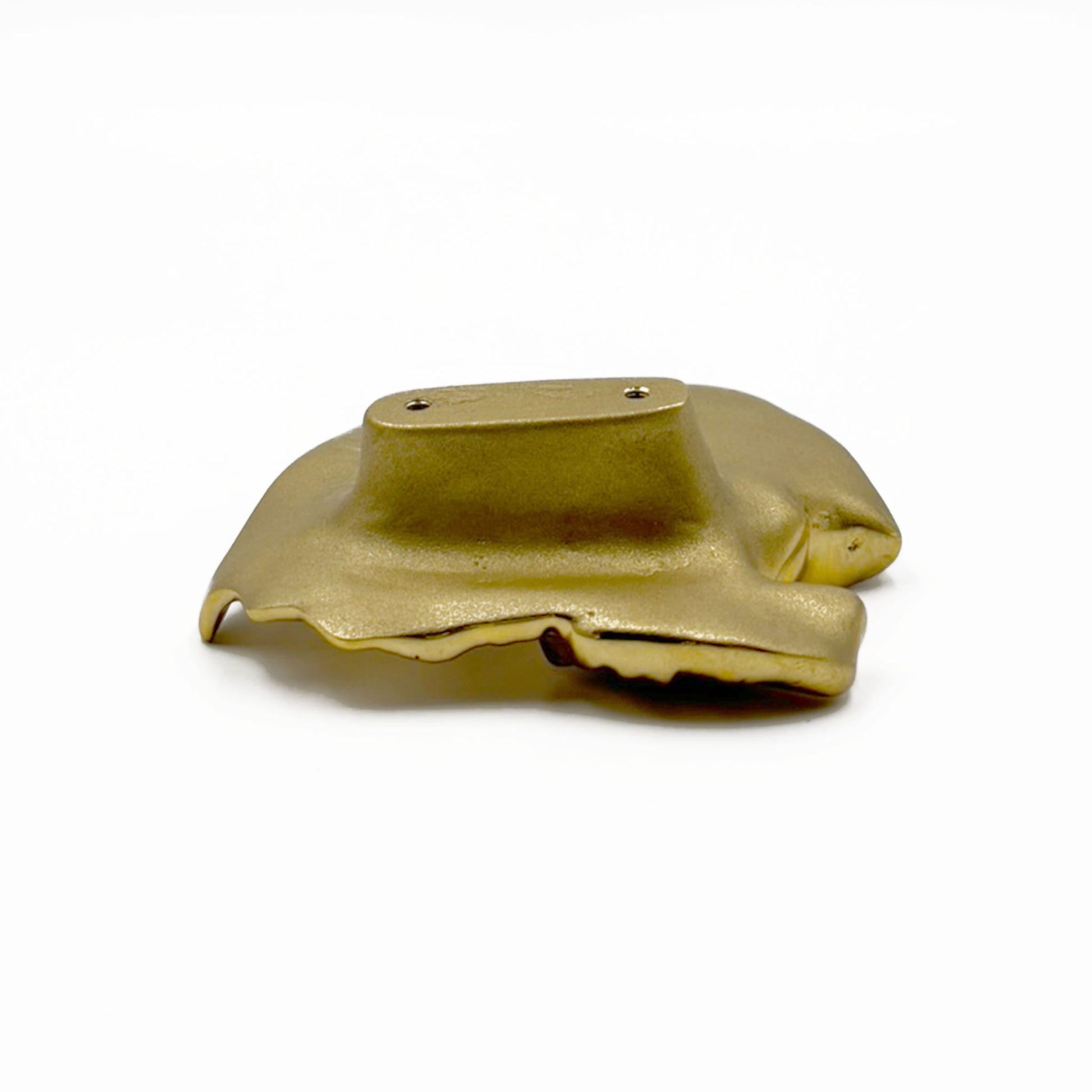 Unlacquered Brass Organic shaped cabinet pull  back and drill holes on a white background