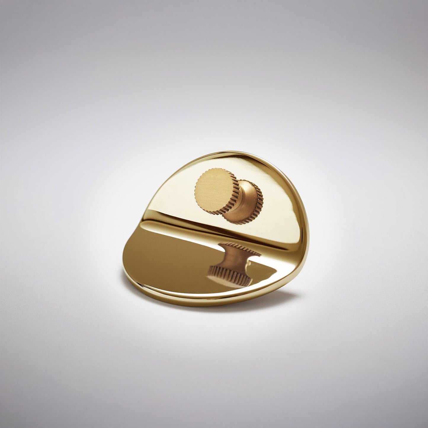 A polished gold-colored brass metal cabinet pull with a rounded, bent shield-like shape and a small ridged circular detail, on a light gray background.