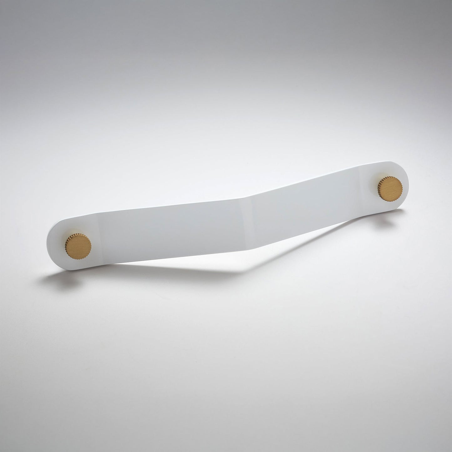 A white metal cabinet pull handle with a rectangular bar and circular mounting bases on both ends, on a light gray background.