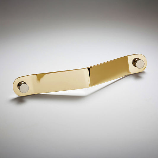 A polished gold-toned brass metal cabinet pull handle with a rectangular bar and circular mounting bases on both ends, on a light gray background.