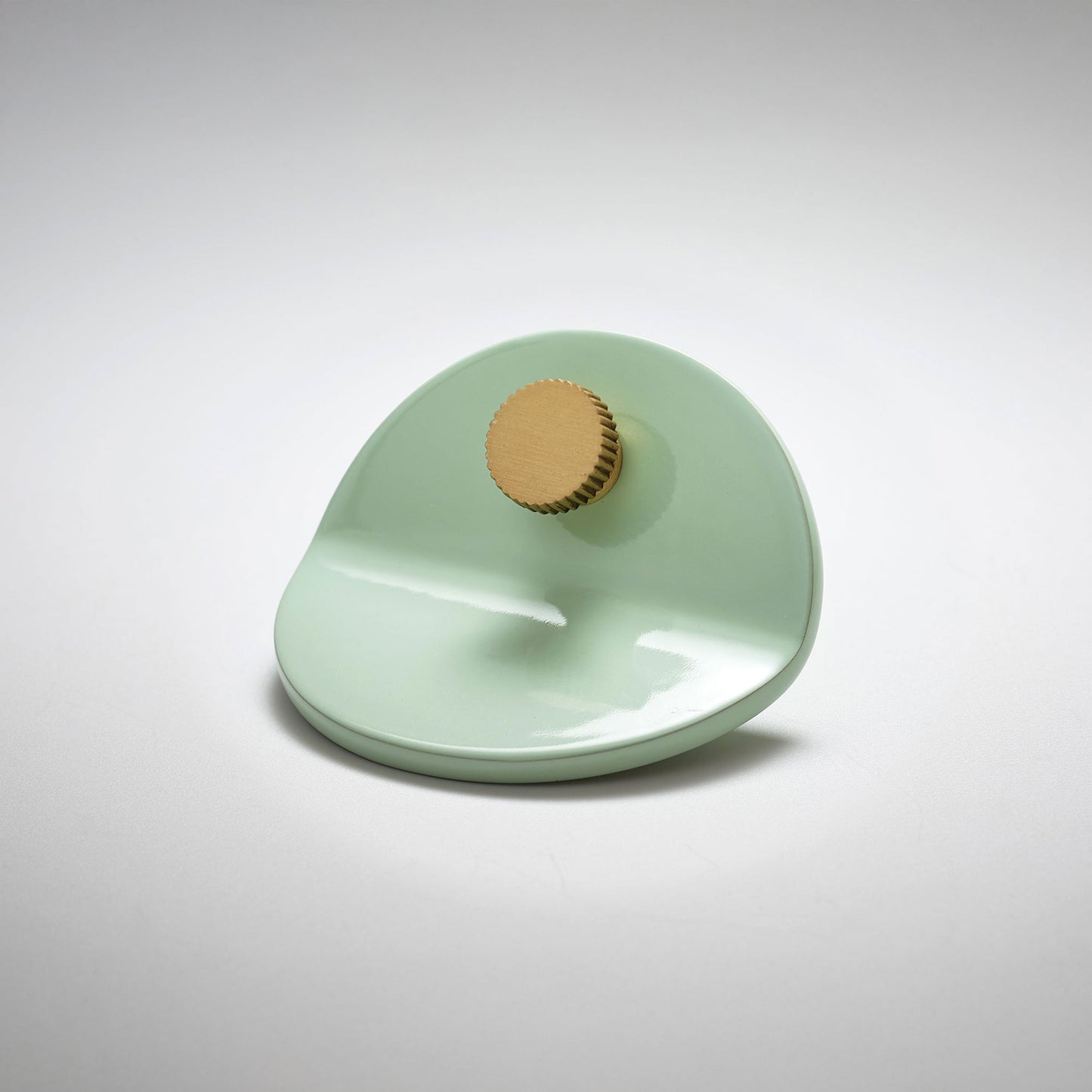 A mint-green powder coated, bent circle cabinet pull handle with a small, round, brass detail on top photographed on a white background.