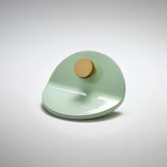 A mint-green powder coated, bent circle cabinet pull handle with a small, round, brass detail on top photographed on a white background.
