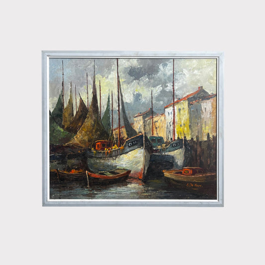 Vintage Belgian Harbor Scene Painting