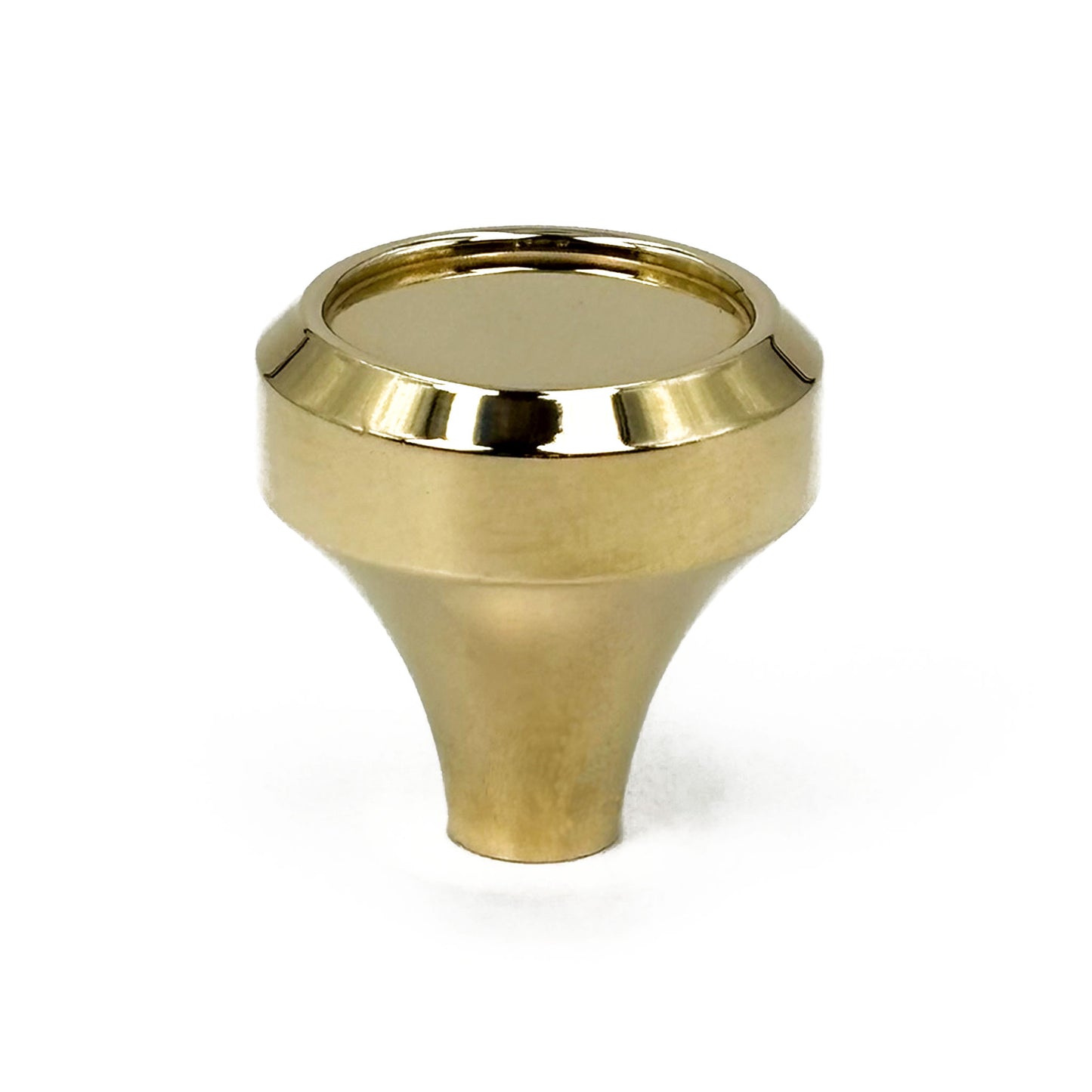 Brass round inset cabinet knob on a white background