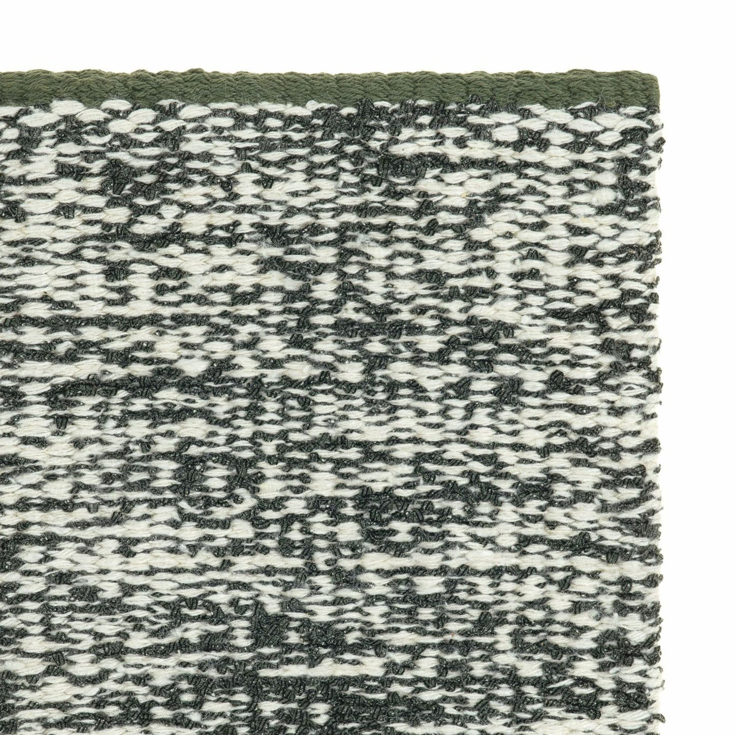 Iris rug style in off white and charcoal colored mottled twisted flat weave